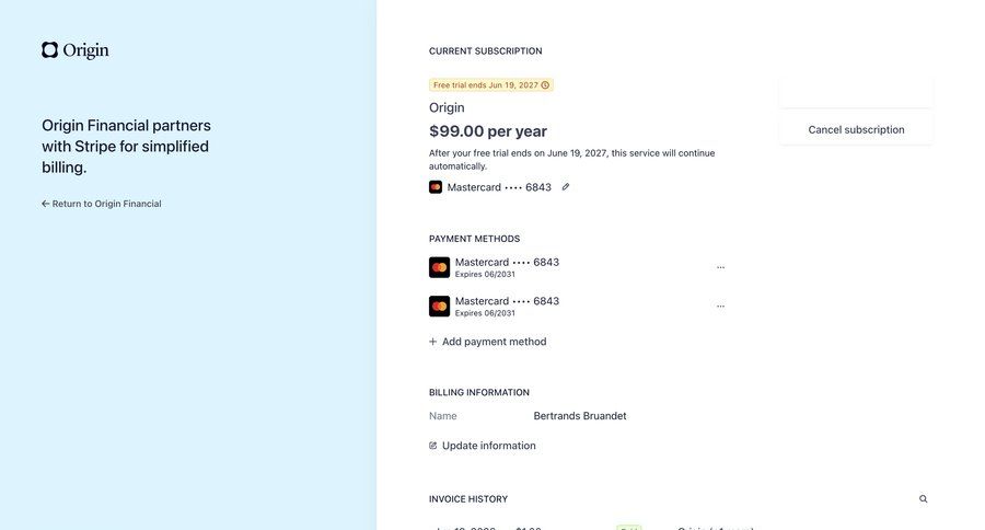 Origin Financial
				settings ui page example