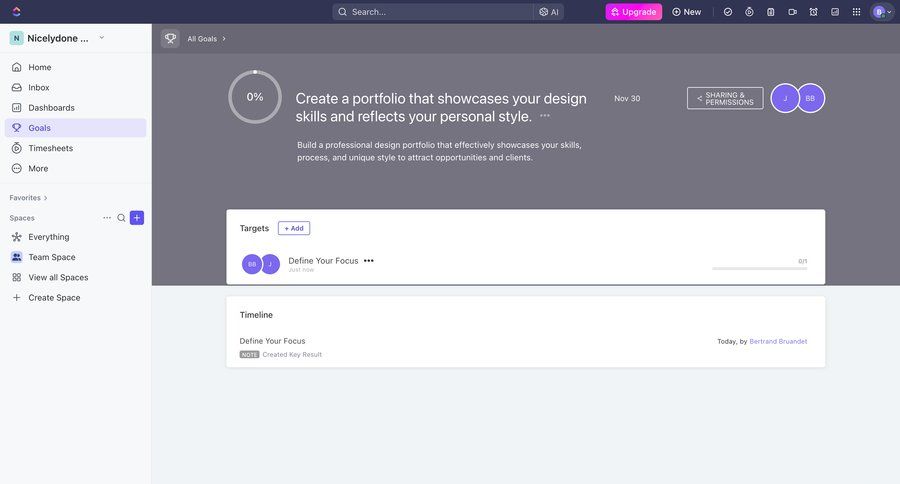 ClickUp
			 task management dashboard sidebar navigation project management progress indicator project tracking progress tracking timeline view three-column grid sidebar menu progress task management dashboard modern sharing permissions ui page example