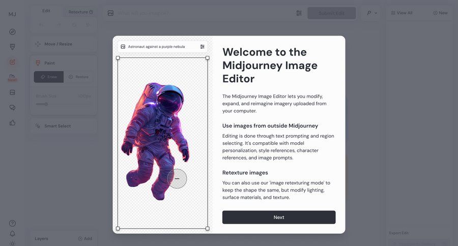 Midjourney
			 modal screen artificial intelligence onboarding editor onboarding modal tutorial ui page example