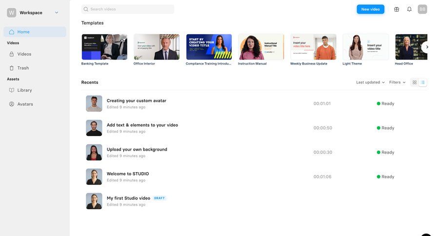 Synthesia
			 content management dashboard sidebar navigation grid video management templates dropdown filters sidebar modern ui page example