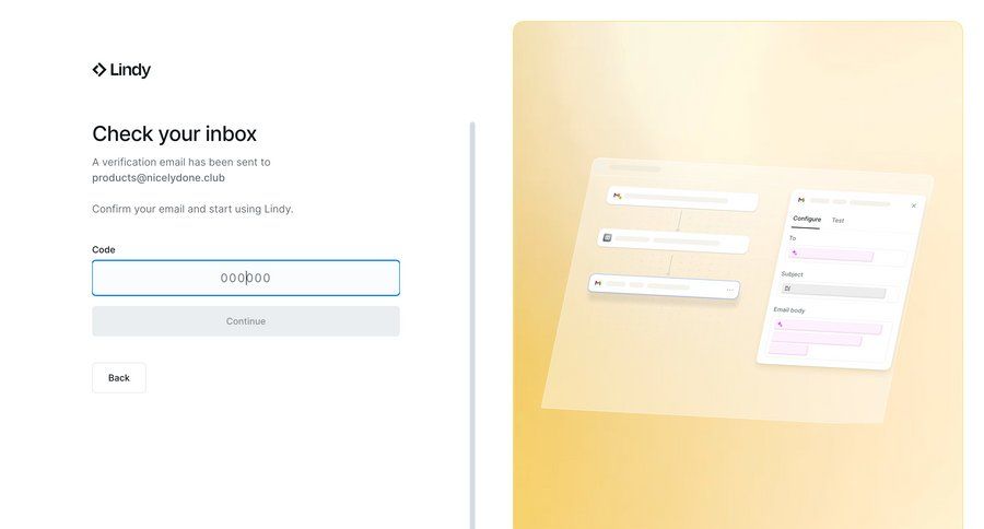 Lindy
			signup onboarding form verification onboarding form user authentication confirmation account creation authentication full-screen layout email email verification ui page example