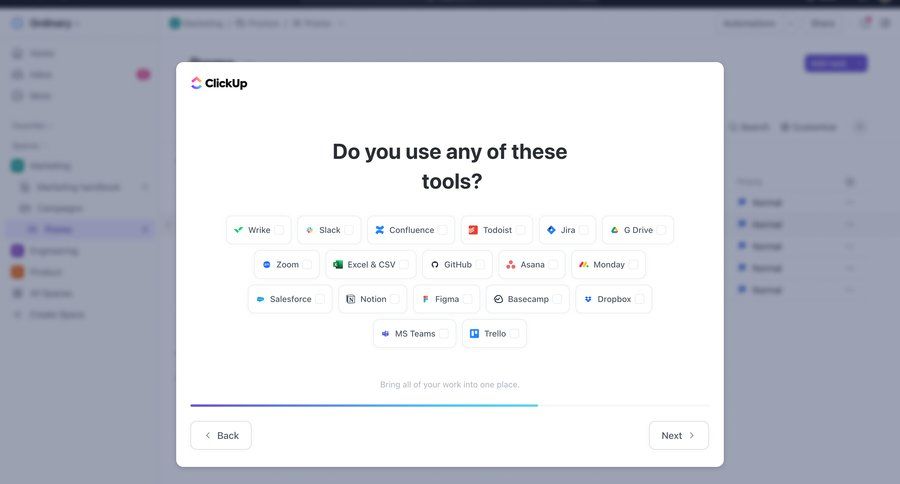 ClickUp
			 project management onboarding progress indicator integration setup onboarding modal rounded corners wizard progress bar ui page example