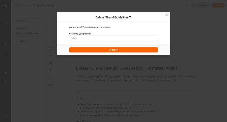 Lingo
			 modal screen design confirmation document management confirmation message ui page example