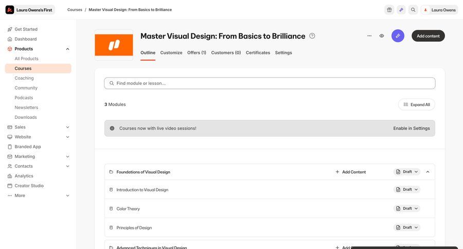 Kajabi
			 content management sidebar navigation course creation sidebar information page detail view info view menu toast notification ui page example