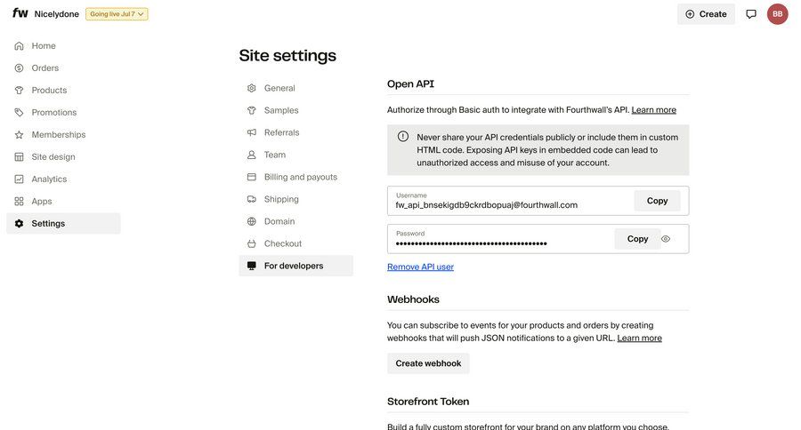 Fourthwall
			 configuration settings e-commerce sidebar navigation authentication sidebar security documentation ui page example