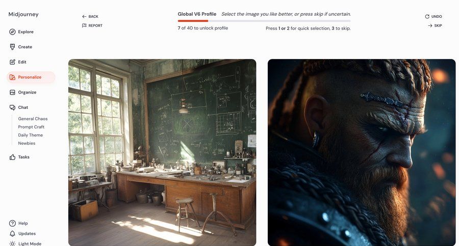 Midjourney
			 artificial intelligence onboarding split screen full-screen layout navigation menu progress bar ui page example