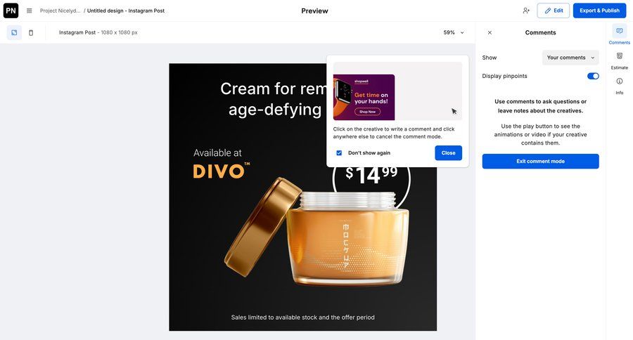 Creatopy
			 collaboration design feedback collection comment mode ui page example