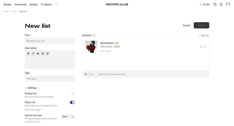 Record club
			 settings form tagging new lists create generate data grid order tracking ui page example