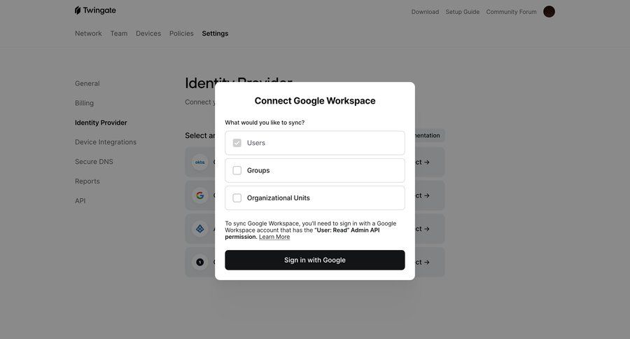Twingate
			 configuration settings form modal dialog authentication integration identity provider ui page example