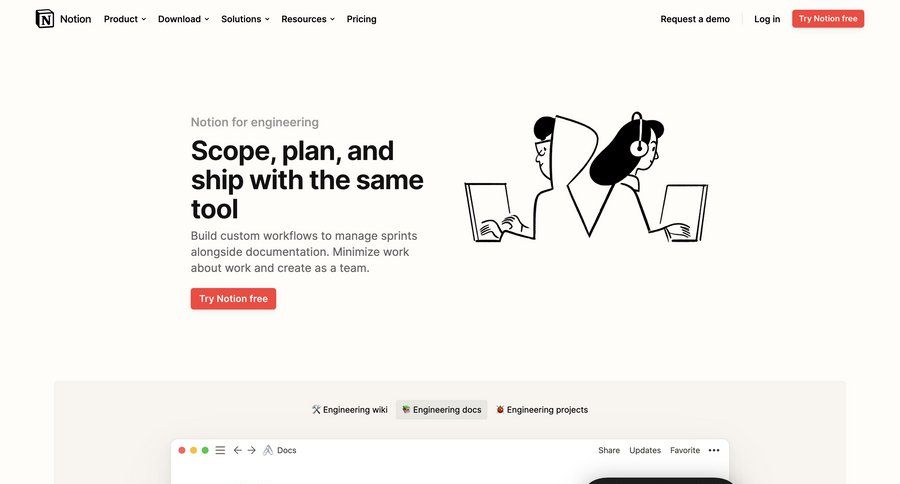 Notion
			 team collaboration project management project tracking call to action navigation bar progress circle documentation media assets modern importing data ui page example