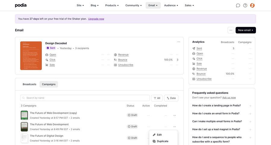 Podia
			 e-commerce dashboard grid campaign management dashboard notification alert message system notification push notification notification center analytics ui page example