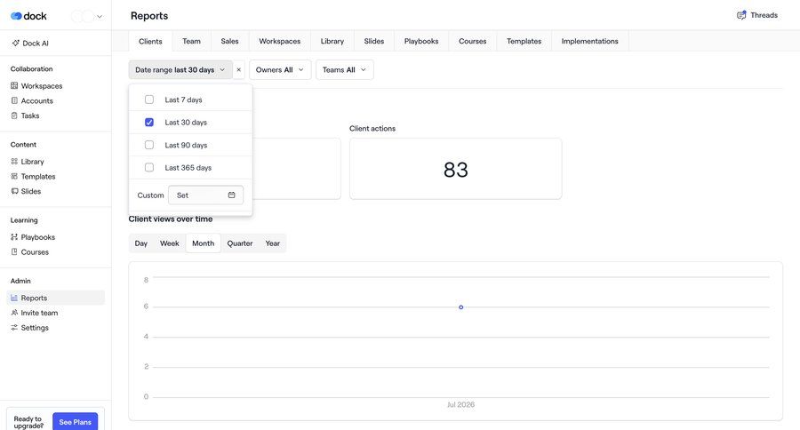 Dock
			 dashboard sidebar navigation analytics dashboard data analysis content hierarchy data filtering call to action sidebar date picker navigation bar data visualization modern date filter analytics card layout b2b saas ui page example