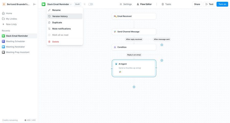 Lindy
			 task management configuration grid workflow automation delete editor workflow management sidebar menu data visualization version history ui page example