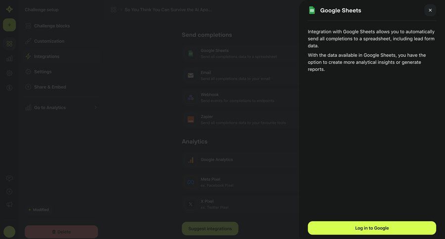 Meiro
			 dark theme data export data management integration analytics integration setup log in modal screen analytics integration ui page example