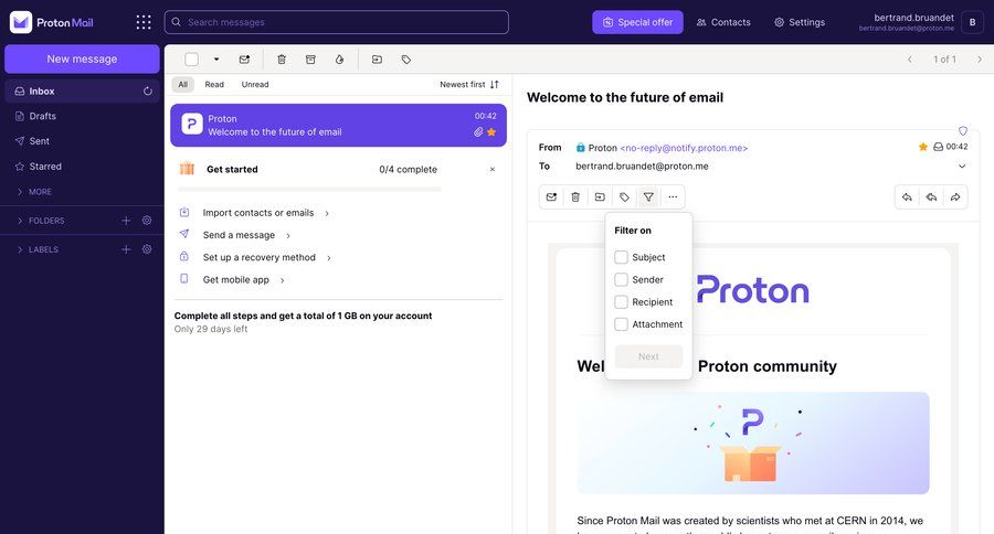 Proton
			 sidebar navigation email management email inbox management inbox filters dropdown dropdown filters sidebar menu search filters sorting filters progress bar modern ui page example