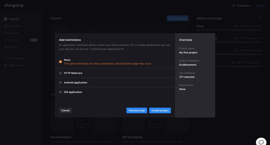 Chargetrip
			 dark theme grid project management form project creation api management project setup modal screen api security dashboard warning ui page example