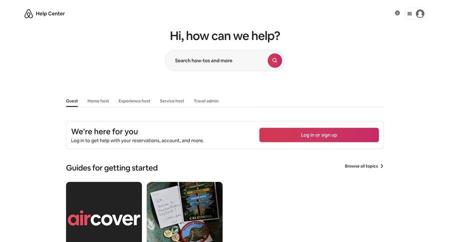 Airbnb
			search support / help center content customer support knowledge base ui page example