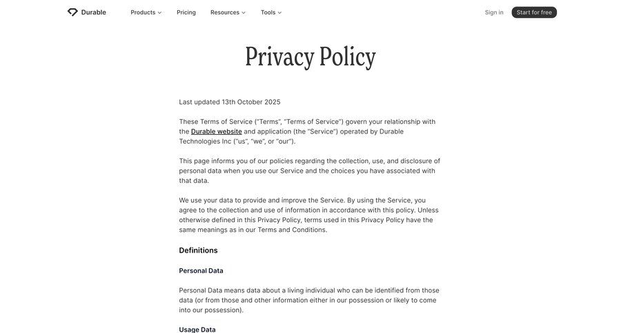 Durable
				privacy policy ui page example