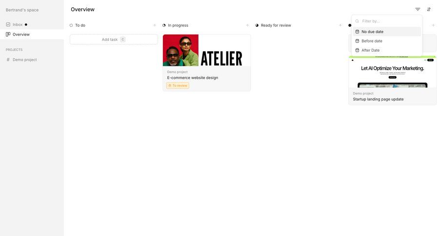 Workflow
			 task management dashboard project management kanban board menu date filter ui page example