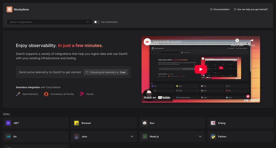 Dash0
			 configuration grid progress indicator integration setup integration ui page example