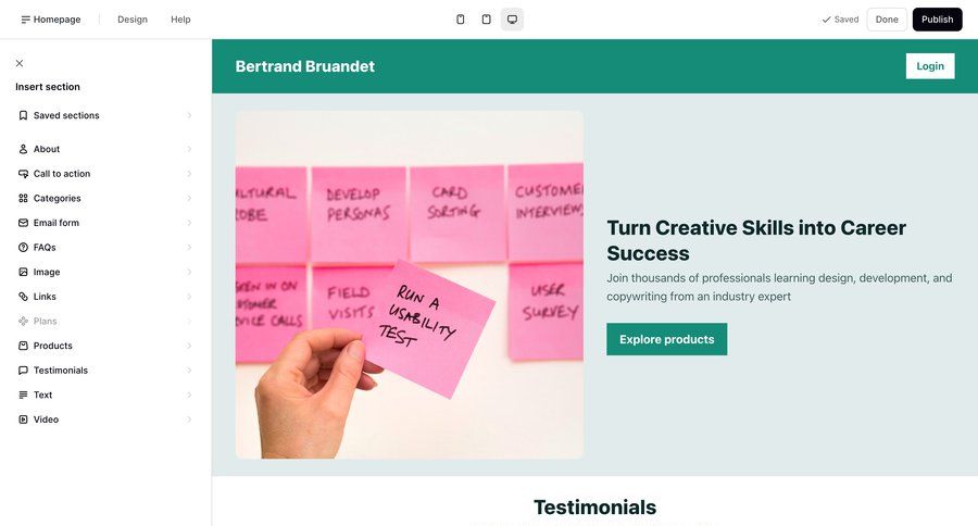 Podia
			 content management sidebar navigation grid editor design full-screen layout content hierarchy video editor login sidebar career testimonials modern ui page example