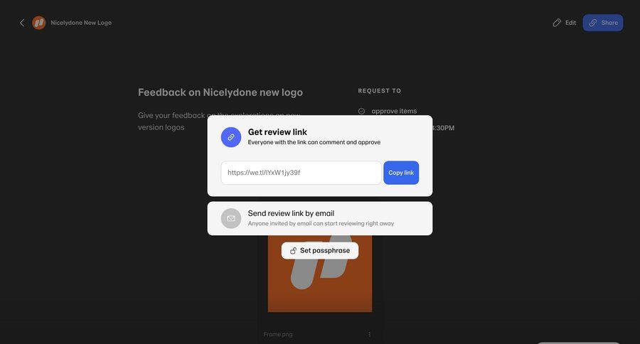 WeTransfer
			 collaboration share modal feedback collection review ui page example