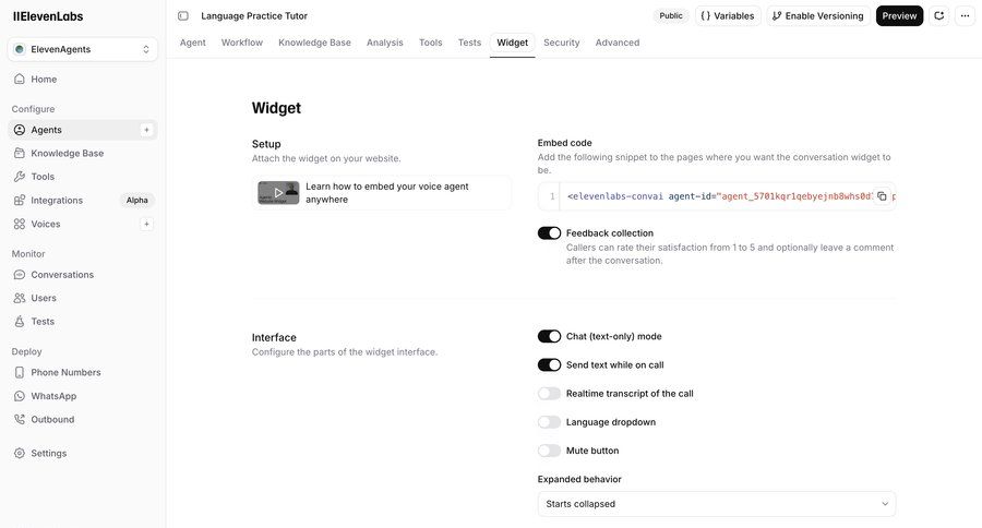 Elevenlabs
			 configuration settings sidebar navigation artificial intelligence feedback collection video player sidebar detail view setup navigation bar modern ui page example