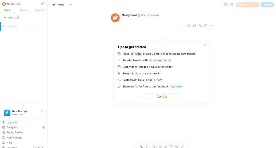 Typefully
			 content management dashboard sidebar navigation onboarding ai assistance content scheduling sidebar tips ui page example