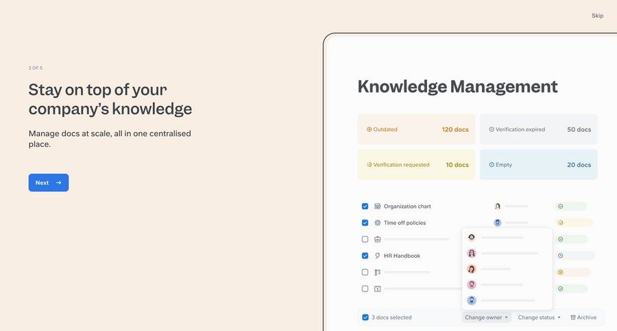 Slite
			 dashboard onboarding document management knowledge management ui page example