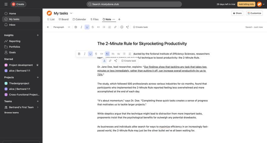 Asana
			 task management sidebar navigation project management customize document editing project organization trial banner document list sidebar create menu ui page example