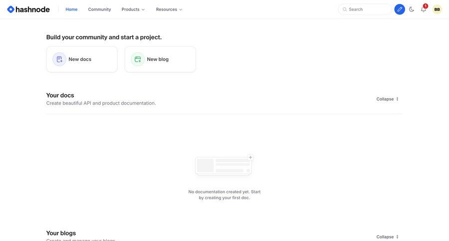 Hashnode
			 content management dashboard project management grid document creation call to action create navigation bar documentation version control project dashboard ui page example