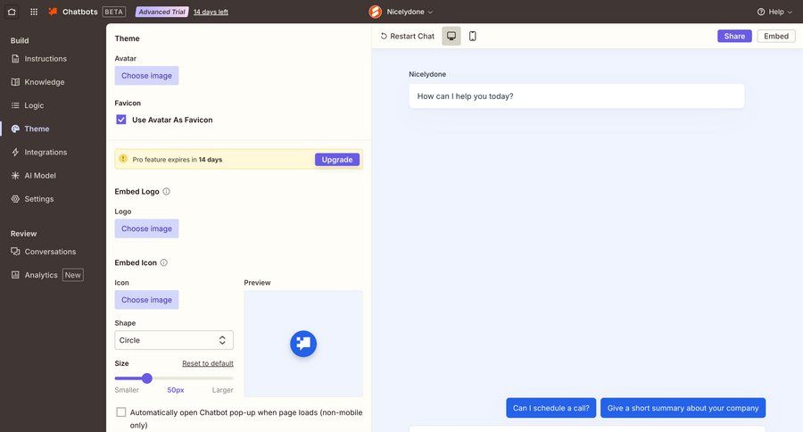 Zapier
			 configuration settings sidebar navigation customize save changes sidebar chatbot avatar upload ui page example