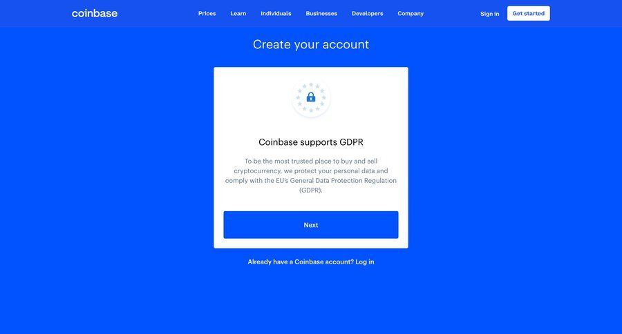 Coinbase
				signup page example