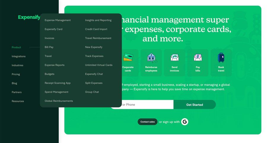 Expensify
			 expense management homepage home page pay bill b2b saas ui page example