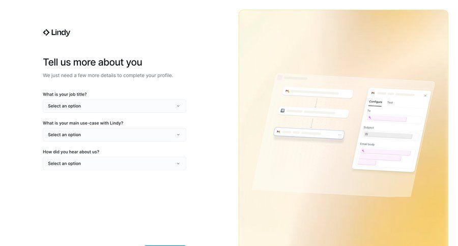 Lindy
			profile signup onboarding form onboarding form account creation user profile ui page example