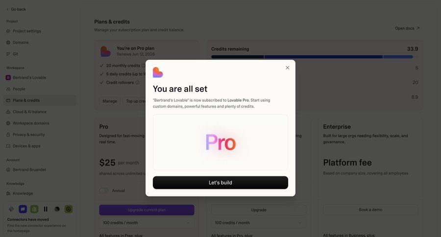 Lovable
			 modal confirmation pricing plans ui page example