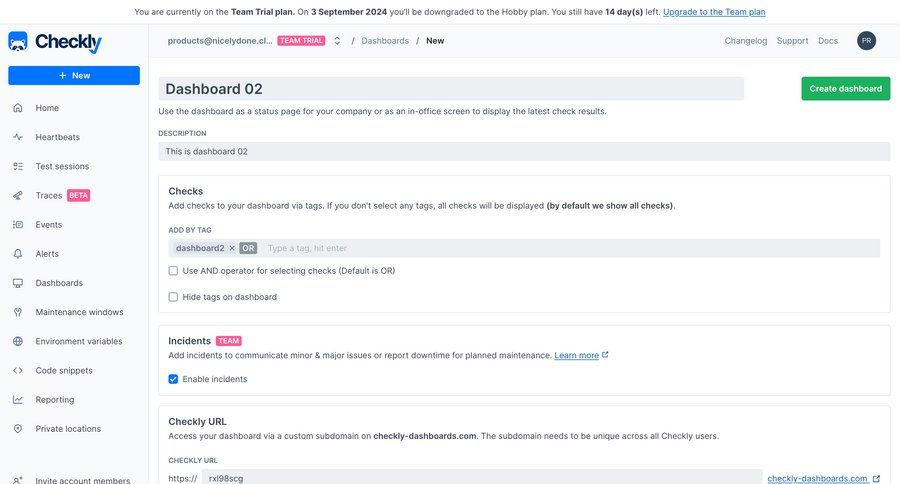 Checkly
			 configuration dashboard sidebar navigation form account settings access control form layout trial checkout sidebar create monitoring alternatives enterprise settings code snippet status page ui page example
