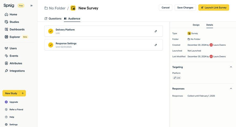 Sprig
			 configuration sidebar navigation form user research design audience management save changes content blocks sidebar new create generate ui page example