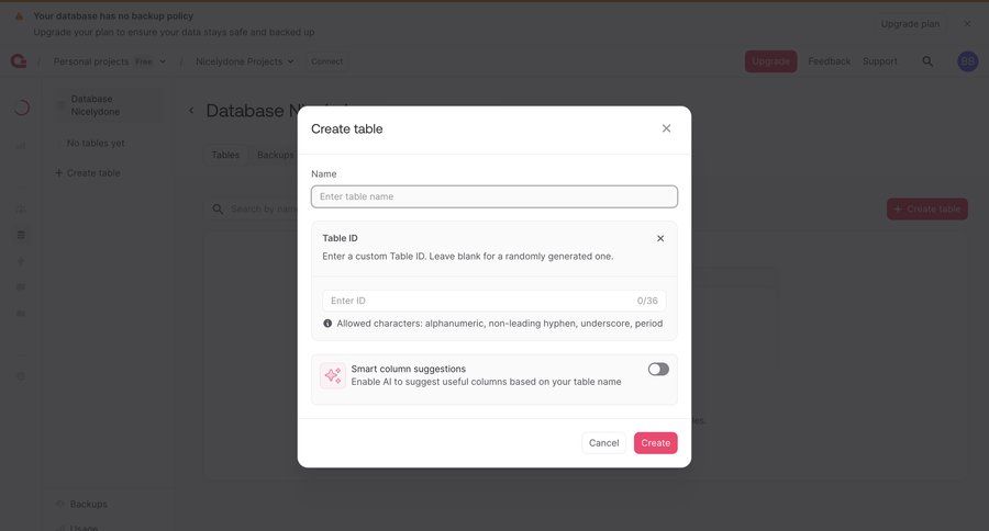 Appwrite
			settings create warning state database management ui page example