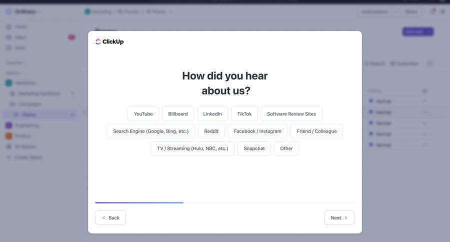ClickUp
			 modal screen onboarding form account creation user feedback onboarding modal progress bar ui page example