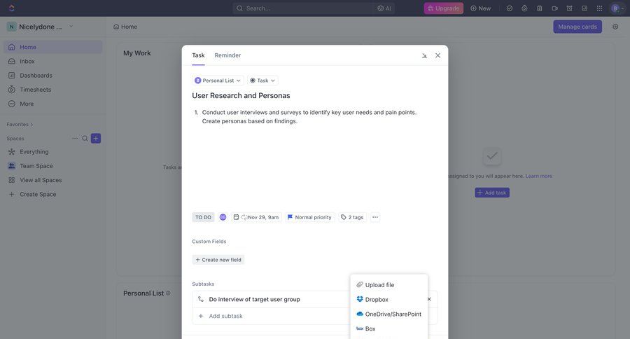 ClickUp
			 task management project management file upload file management file upload modal upgrade modal menu ui page example