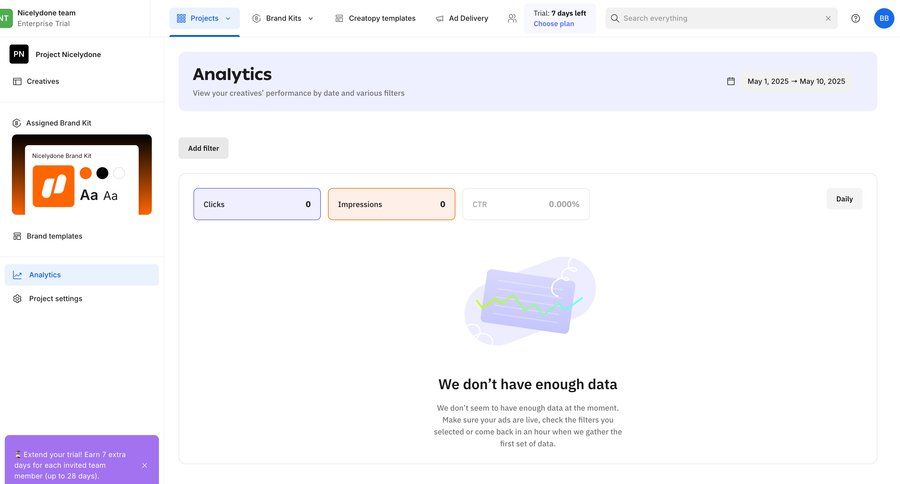 Creatopy
			 dashboard sidebar navigation analytics dashboard data analysis data display data filtering sidebar date picker data visualization performance metrics monitoring analytics ui page example