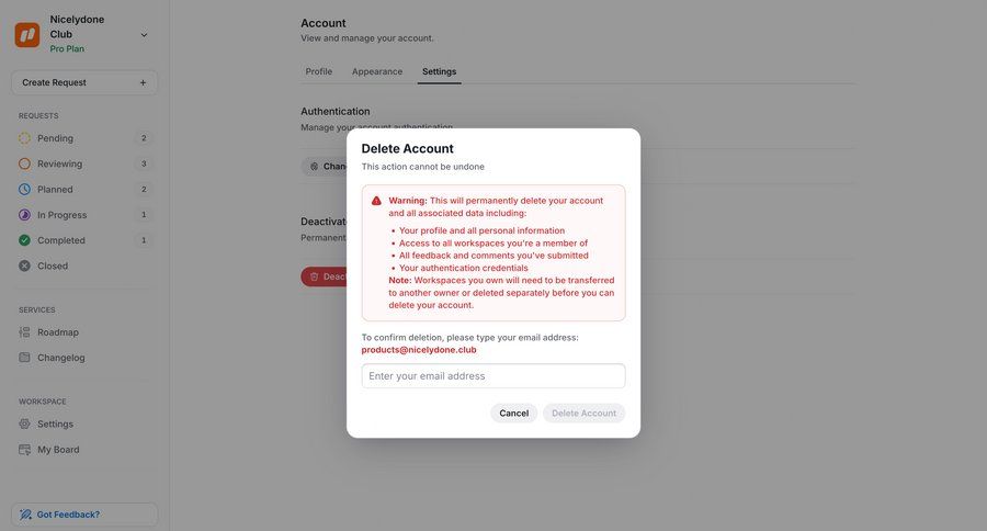 UserJot
			 settings account management account settings account deletion ui page example