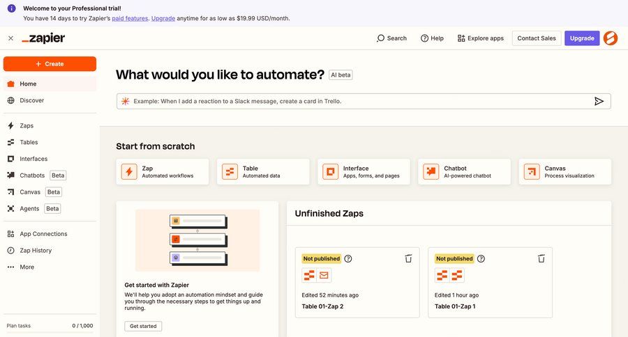 Zapier
			 sidebar onboarding dashboard integration automation workflow recent activity templates workflow management workflow builder template library trial banner ui page example