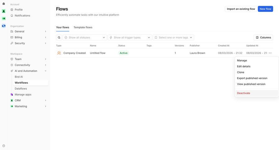 Bird
			 workflow management workflow automation marketing automation ui page example
