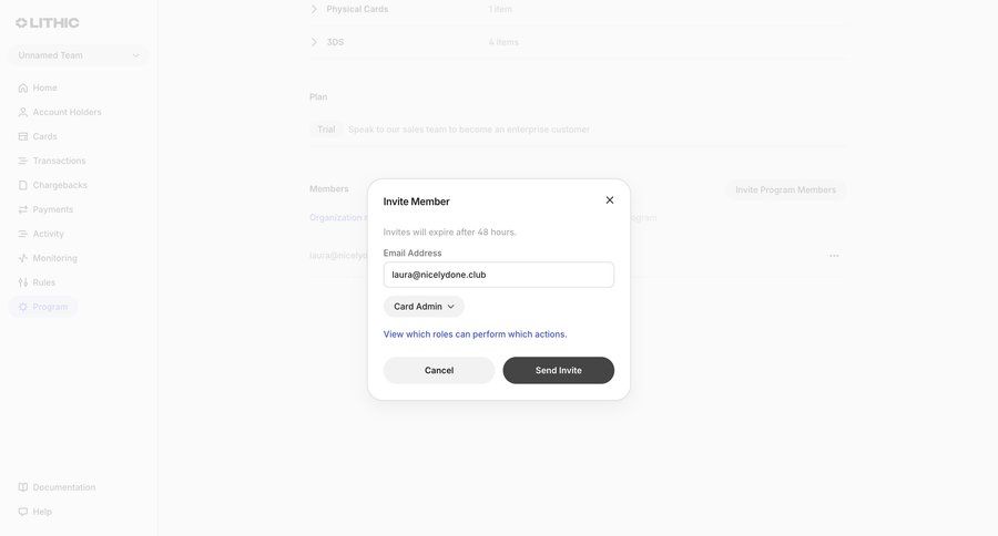 Lithic
			settings team modal & popover invite teammate access control ui page example