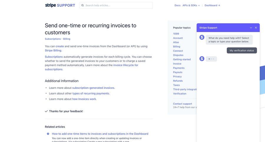 Stripe
			 knowledge base payment method send invitation customer support chat ui page example