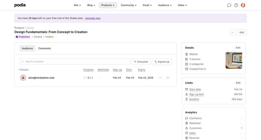 Podia
			 dashboard analytics dashboard progress tracking free trial lists table analytics ui page example