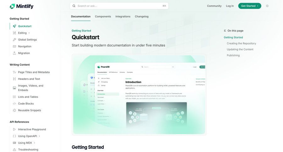 Mintlify
			 getting started doc documentation changelog docs accordion real-time editing global search ui page example