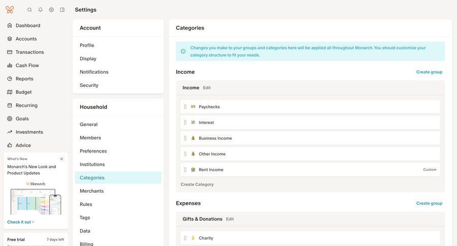 Monarch
			 configuration settings sidebar navigation finance customize sidebar preferences parameters product update ui page example